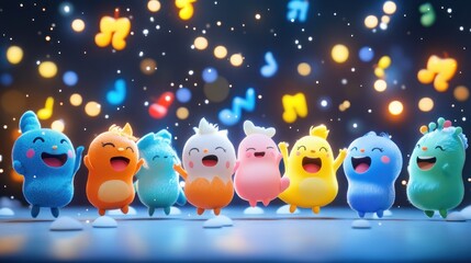 Obraz premium A group of cute cartoon characters are singing and dancing together in a festive atmosphere with musical notes and sparkling lights.