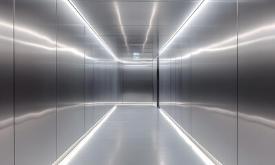 A modern and minimalist stainless steel office corridor with LED lights.
