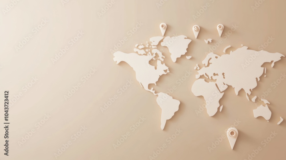 Poster a simple outline of a world map featuring map pins that highlight key travel destinations for global