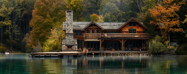 Obraz premium A rustic lake house with wooden exterior stone chimney and a large dock extending into the water Surrounded by dense forest and autumn colors