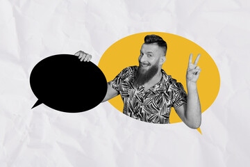 Collage 3d pinup pop retro sketch image of funny guy showing v-sign holding mind cloud empty space...