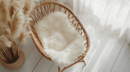 Furry Blanket on Rattan Cradle in Bright Room