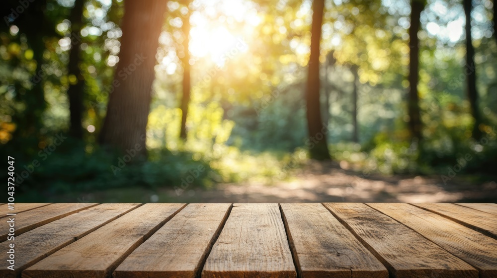 Poster empty wooden table with blurred trees in the background creating a serene atmosphere for product pla