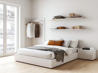 Cozy small urban bedroom featuring wall-mounted shelving for efficient space utilization and stylish storage solutions