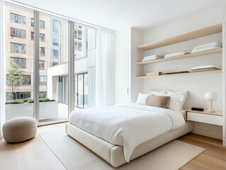 Modern small urban bedroom design featuring wall-mounted shelving and natural light in a contemporary apartment setting