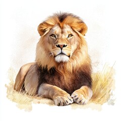 Obraz premium Lion resting on grass, showcasing its majestic mane, white isolated background.