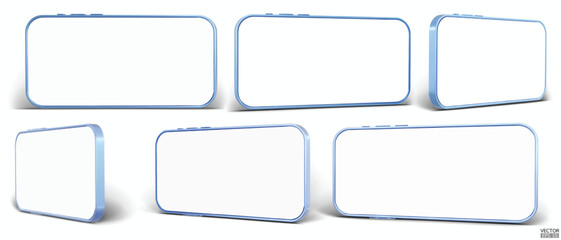 3D Horizontal smartphone mockup with white screen. Blue mobile phone isolated on white background. Landscape phone. 3d vector illustration