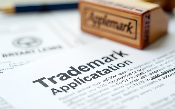 Trademark application document, wooden approval stamp, close-up view, official paperwork,