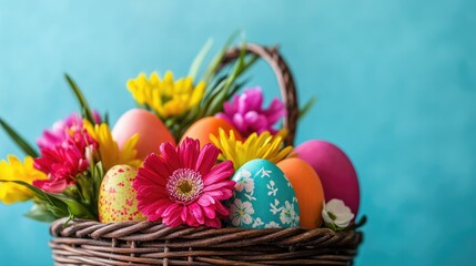 Colorful Easter eggs nestled in a basket with vibrant flowers against a blue backdrop