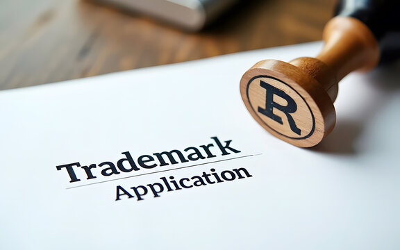 Trademark application document, wooden approval stamp, close-up view, official paperwork,