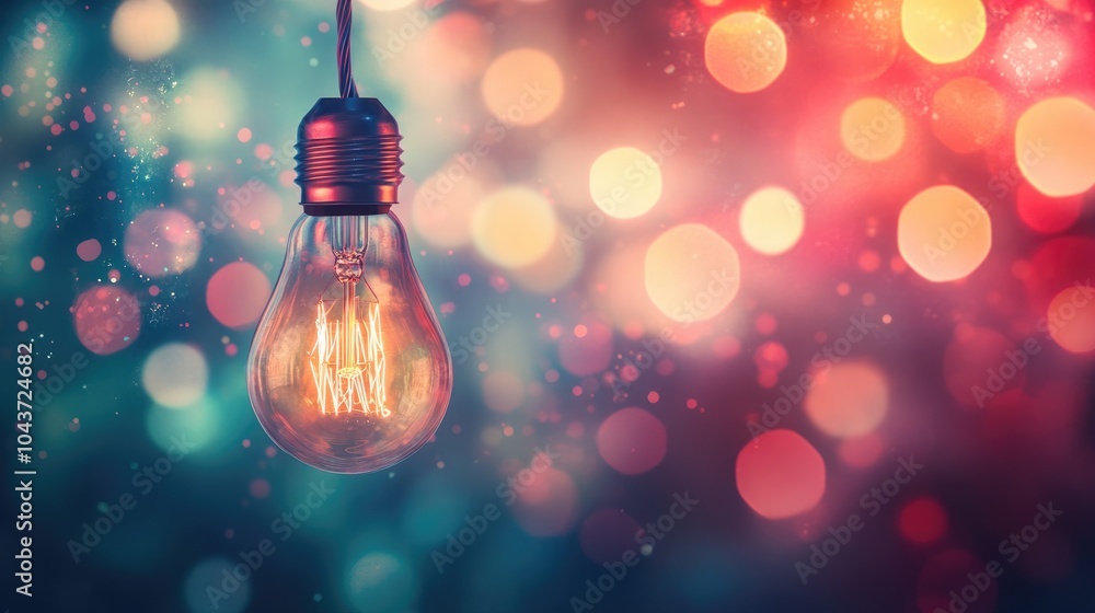 Poster hanging light bulb surrounded by bokeh effects and an abstract backdrop symbolizing creativity and i