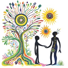 Abstract Watercolor Illustration of Two Figures Standing in Front of a Colorful Tree and Suns.
