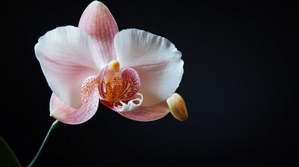 Fototapeta premium Close up of a pink and white orchid flower set against a black background