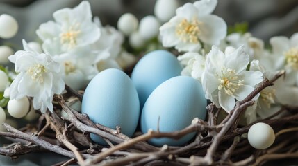 Fototapeta premium Easter Decor Blue Eggs Nestled Among White Flowers in a Natural Twig Arrangement