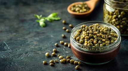 Mixed capers in a jar and bowl on a dark kitchen table