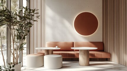 Cozy cafe interior featuring a couch and a minimalistic wall design