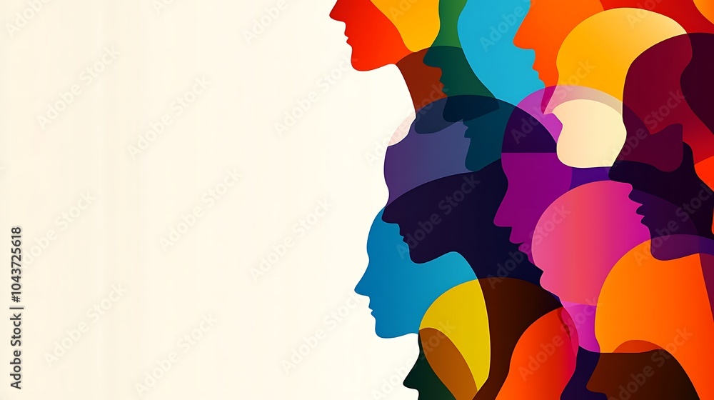 Poster a side view of a crowd of people represented by colorful silhouettes, with copy space on the left.