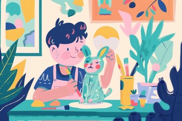 Fototapeta premium Child sculpting puppy in colorful art studio