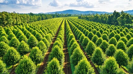Aerial view of a lush green tree farm with neatly arranged rows of trees.