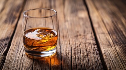 Whisky in a glass placed on a rustic wooden table