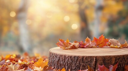 Wooden podium adorned with autumn leaves against a soft bokeh backdrop