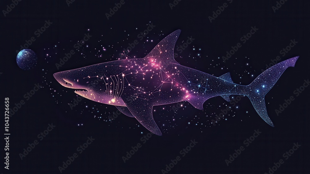 Wall mural abstract image of a shark in the form of a starry sky or space, consisting of points, lines, and sha