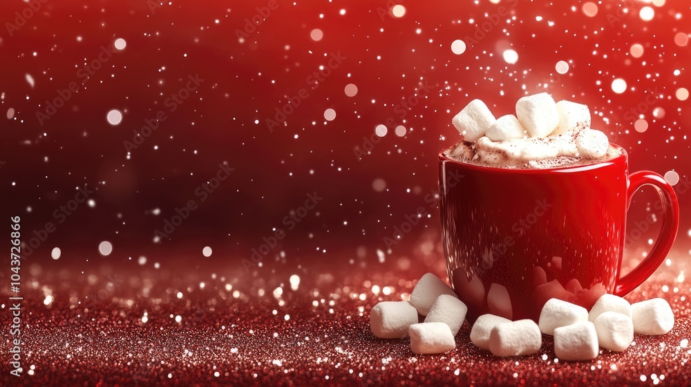 Poster festive banner featuring a red mug filled with hot chocolate and marshmallows against a sparkling ba