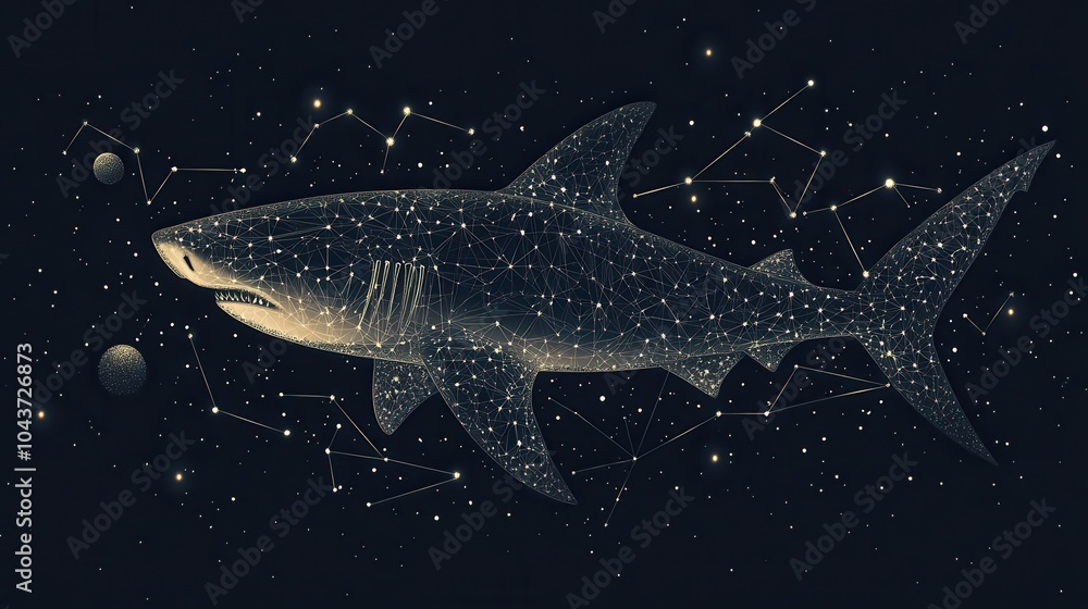 Wall mural abstract image of a shark in the form of a starry sky or space, consisting of points, lines, and sha