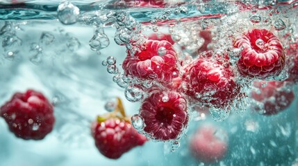 Vibrant raspberries burst in clear water showcasing their rich color and juicy texture in a lively...