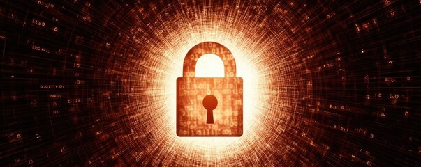 A digital padlock symbolizing security in a data-filled environment, glowing with an orange and yellow light effect, representing cybersecurity.