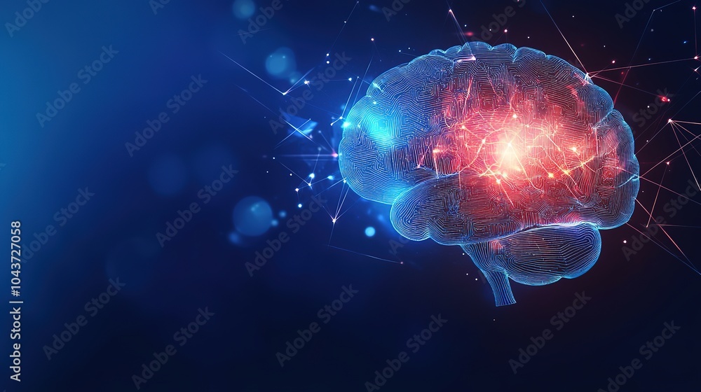 Poster big data and artificial intelligence concept. human brain glowing from processor, symbolizing the fu