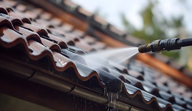 Using a high-pressure water hose to clean the roof of a house with a spring and pipe, cleaning the rain spout 