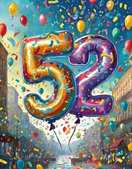 Birthday / anniversary balloon, number 52, colorful illustration with confetti and festive decoration