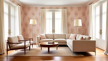 Trendy living room with artistic wallpaper and elegant details
