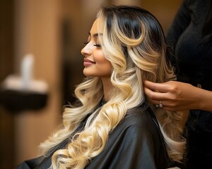 An blonde woman getting her hair done in a salon, with beautiful long black wavy hair, sitting on a chair with her eyes closed