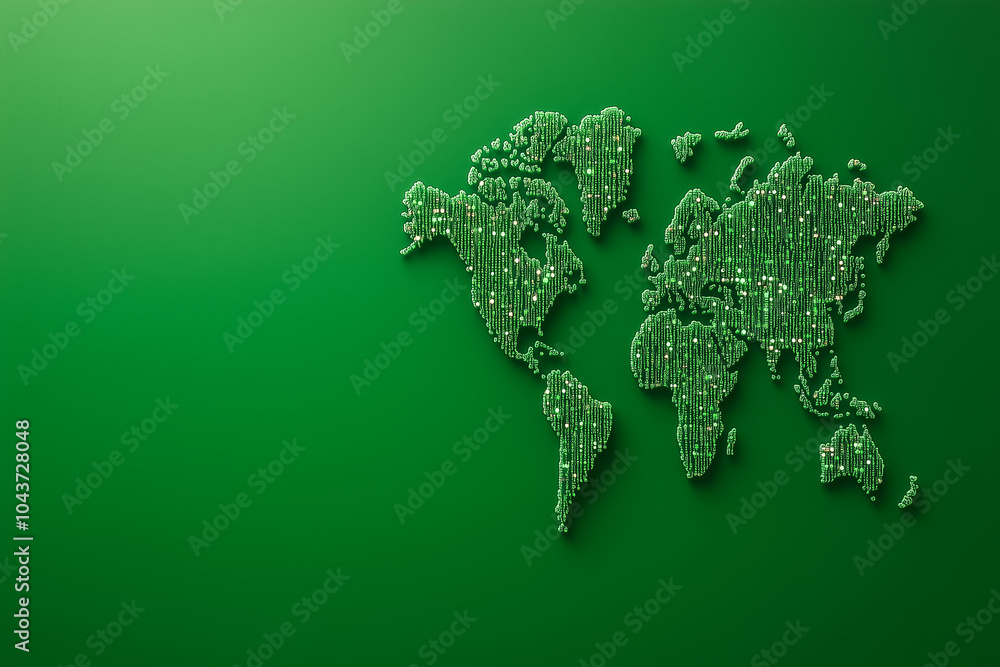 Poster a stylized world map made from binary digits is displayed on a vivid green background, symbolizing d