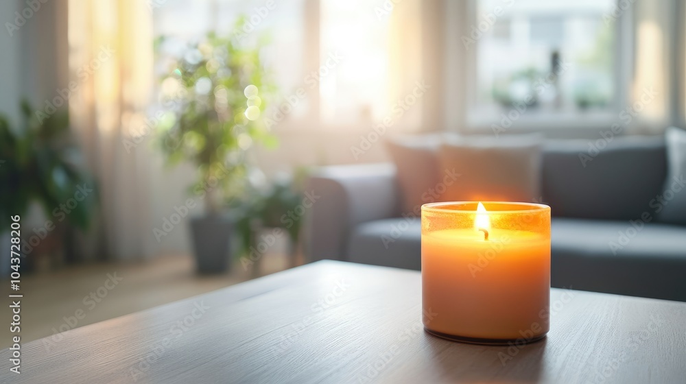 Poster blurry living room featuring a candle on a table providing an empty space suitable for product displ