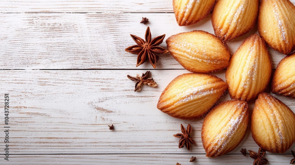 Poster homemade anise flavored madeleines on a rustic white background ideal for holiday themed food displa