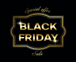 Gold glitter lettering Black Friday in golden vintage frame on black background. Banner for annual sale. Dark background with golden text lettering. Horizontal banner, poster, header. Special offer