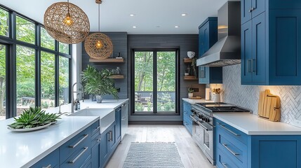 a modern blue kitchen featuring a clean white countertop and matching blue cabinets designed with sleek lines and contemporary fixtures creating a fresh and inviting cooking space