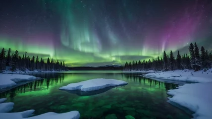 reflection in water, beautiful night sky, nature, trees, lake, northern lights, aurora, aurore boréale © sabrina