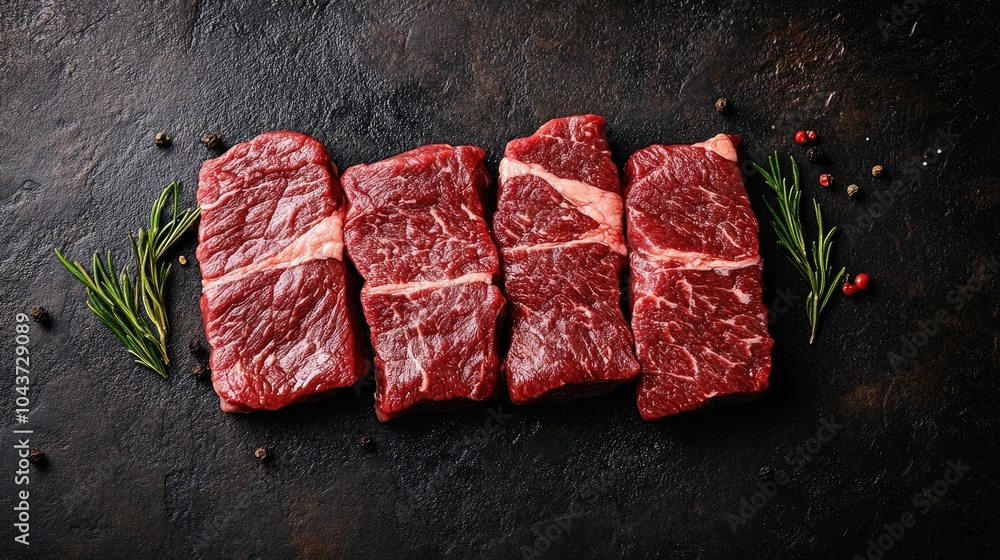 Poster raw beef chuck roll steaks on a dark background viewed from above