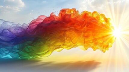 A vivid blend of colorful clouds swirls together, transitioning from deep purple to vibrant orange, as bright sunlight emerges from the horizon on a clear day, creating an enchanting atmosphere.