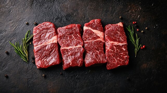 Raw beef chuck roll steaks on a dark background viewed from above
