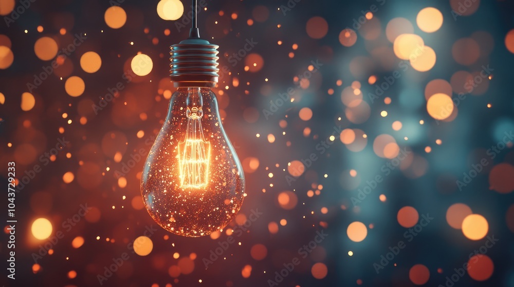 Poster hanging light bulb surrounded by bokeh effects and an abstract backdrop symbolizing creativity and i