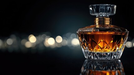 Sophisticated crystal perfume bottle filled with amber liquid set against a sleek black backdrop showcasing a luxurious fragrance
