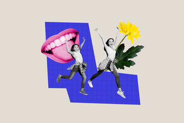 Creative collage image young woman preteen kid daughter mother run escape mouth psychedelic concept...