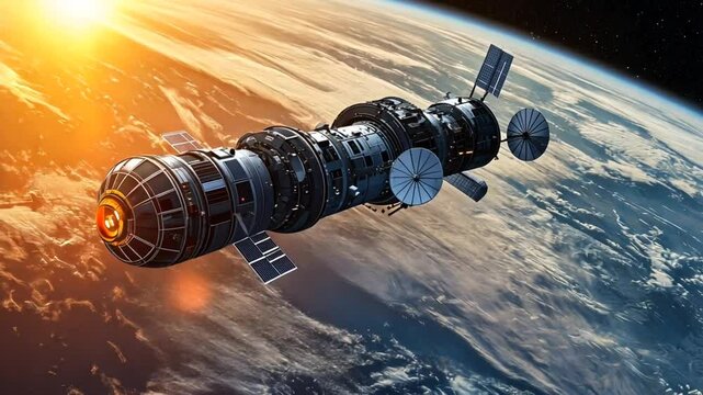 Modern satellite orbiting Earth with sunlight in background. Space mission concept