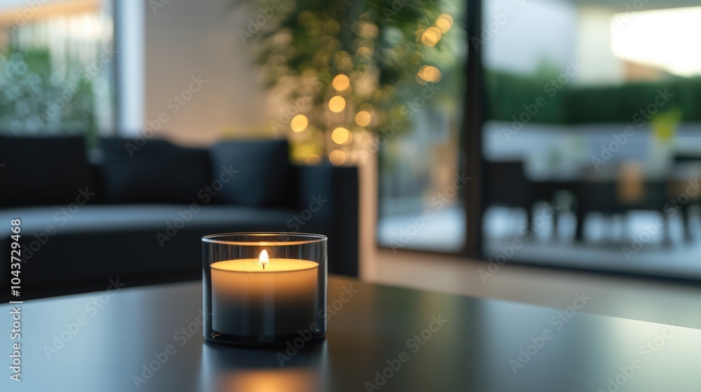 Poster blurry living room featuring a candle on a table providing an empty space suitable for product displ