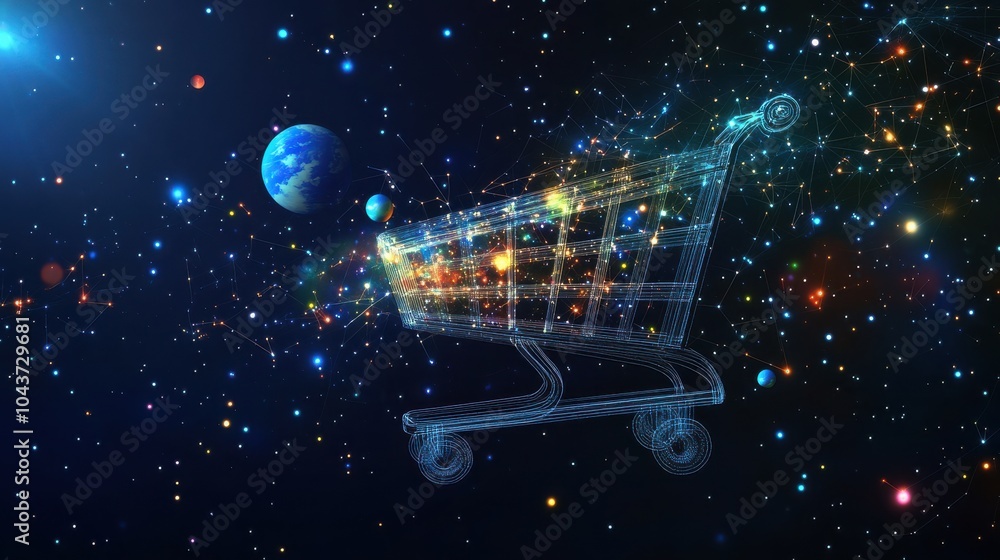 Wall mural abstract image of a shopping cart in the form of a starry sky or space, consisting of points, lines,